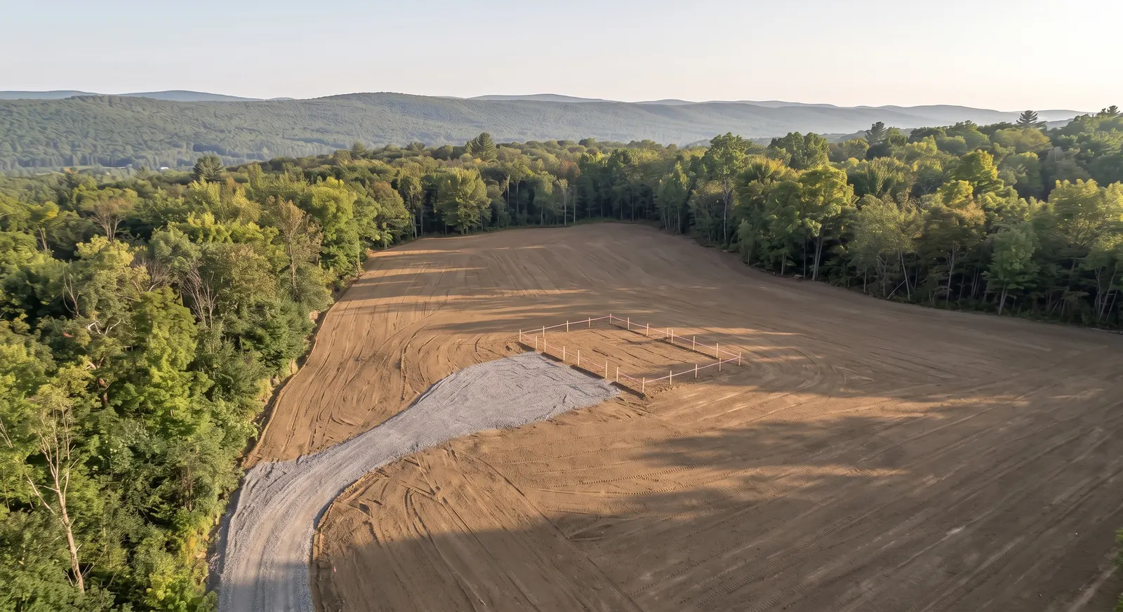 Cleared and graded building lot in the Catskills with gravel driveway