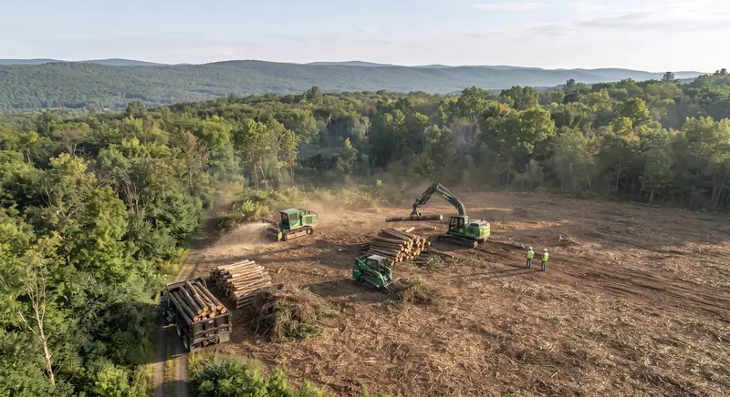 Forestry mulcher, excavator and dump truck clearing the lot
