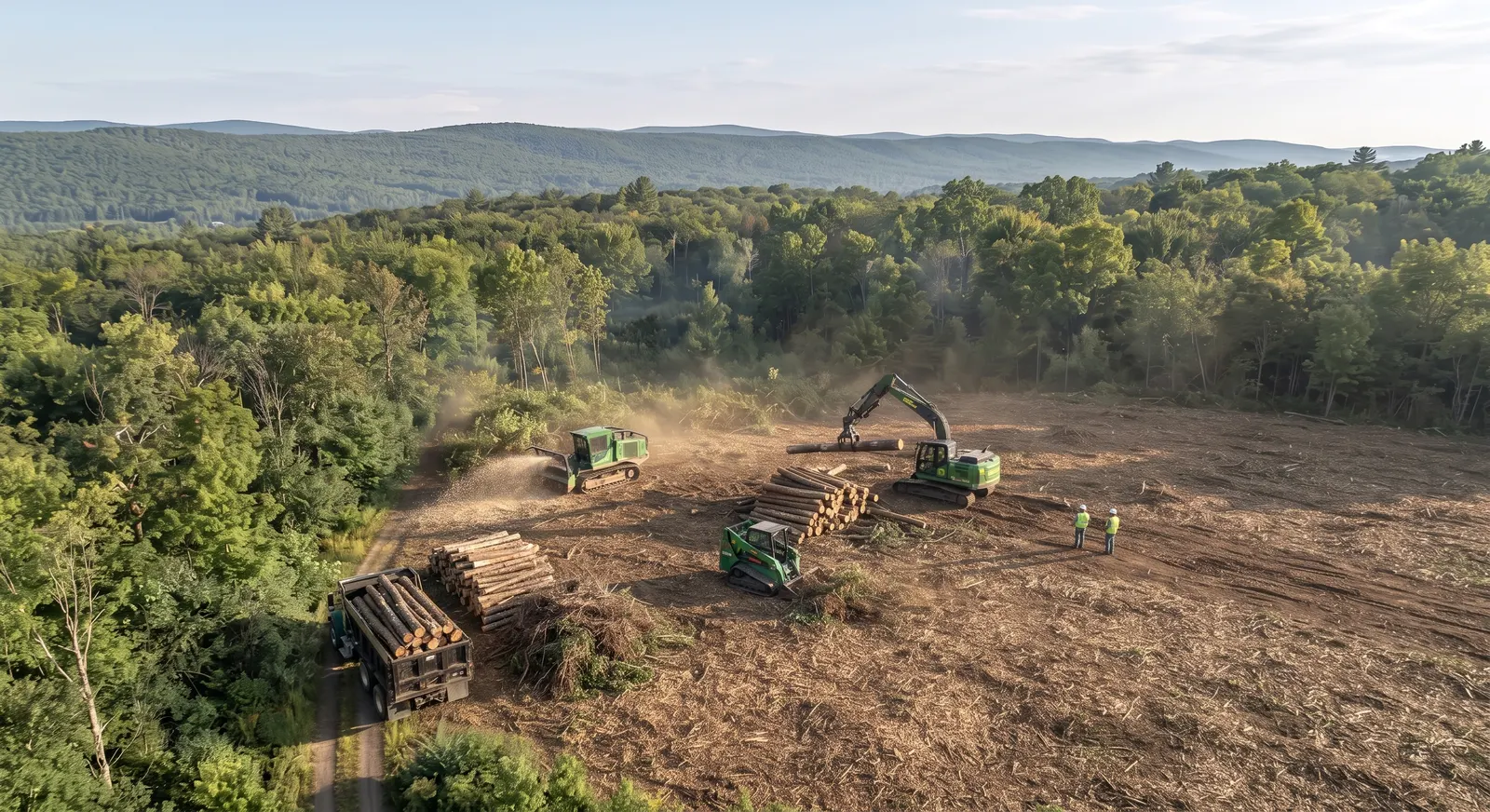 Ultimate Forestry crew clearing a lot with a forestry mulcher and grapple excavator